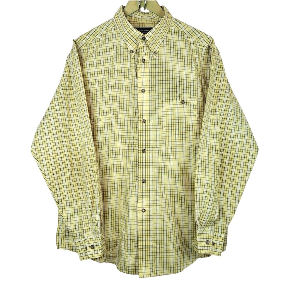 Roundtree Yorke Men Yellow Dress Shirt Size L Button Down Long Sleeve Plaid